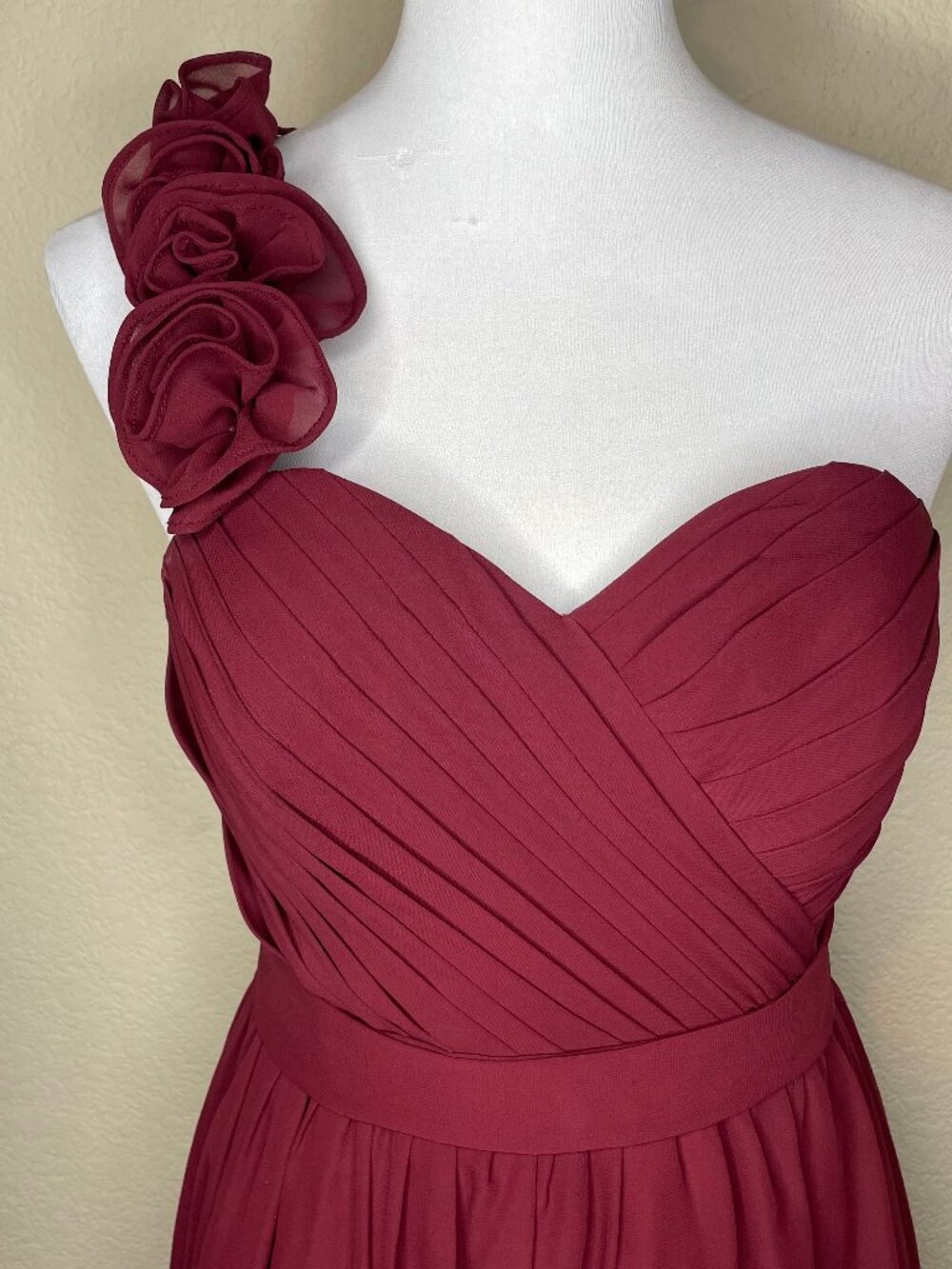 VINTAGE Romantigoth Burgundy Rosette Chiffon One Shoulder Asymmetric Dress 6 - Picture 4 of 15